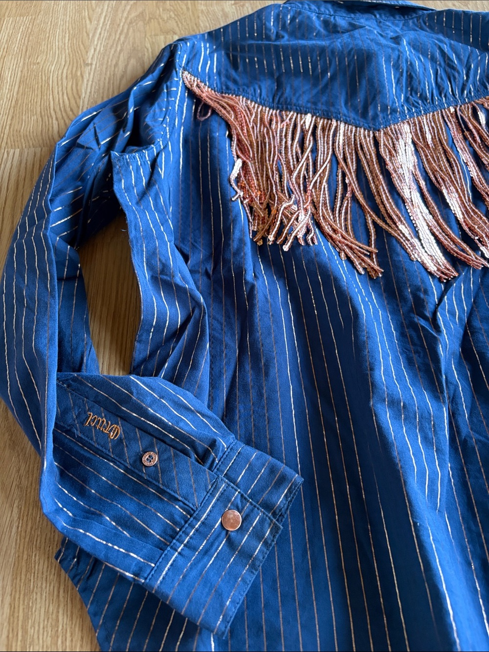 Cruel Girl Navy Blue Button-Down Shirt with copper Stripe Detail - Picture 4 of 5